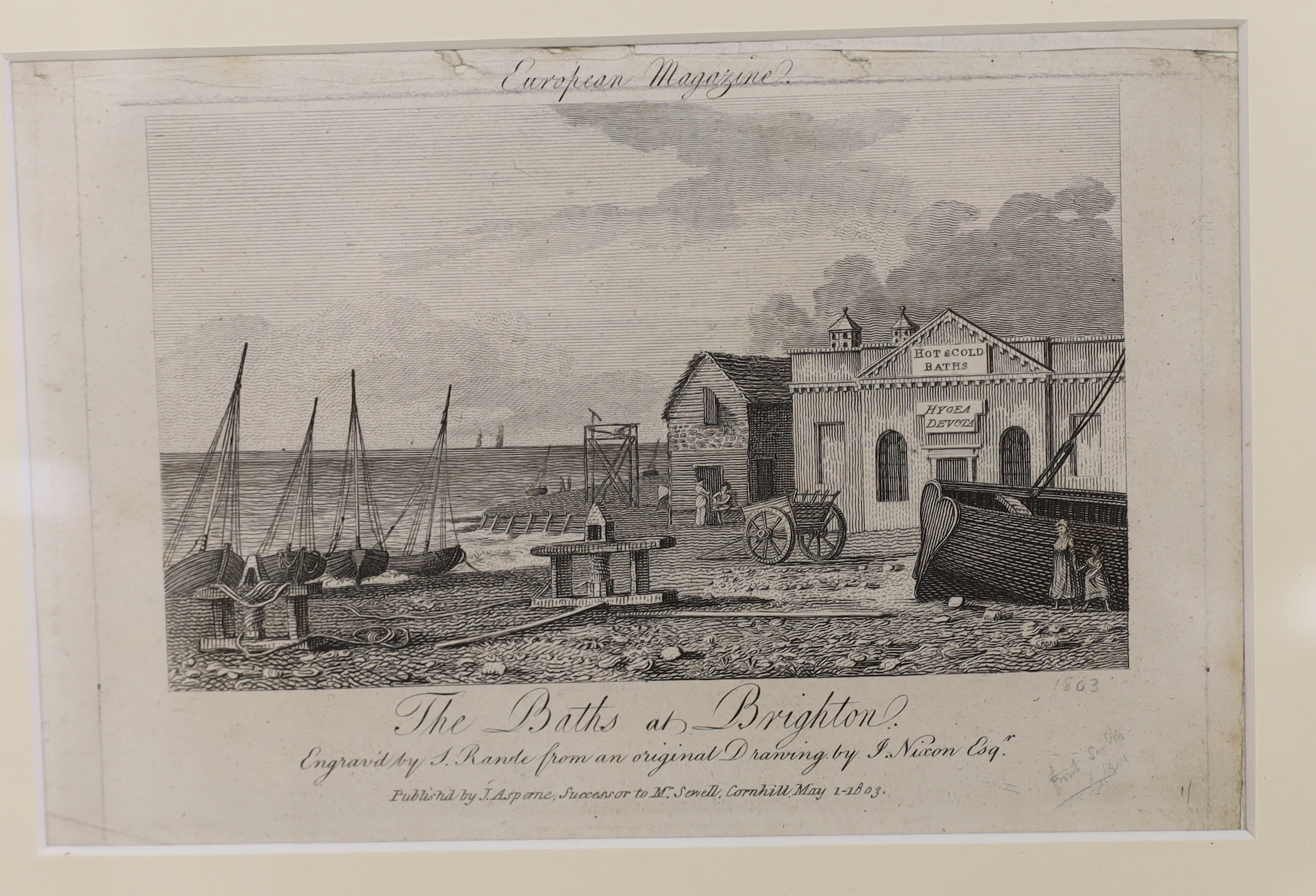 Nine 19th century engravings and prints of Brighton views, some hand coloured, including one after L Francis, The Pump House, publ. 1827 by W B Cooke, one after J Nixon, The Baths at Brighton, publ. 1803 and one after JM